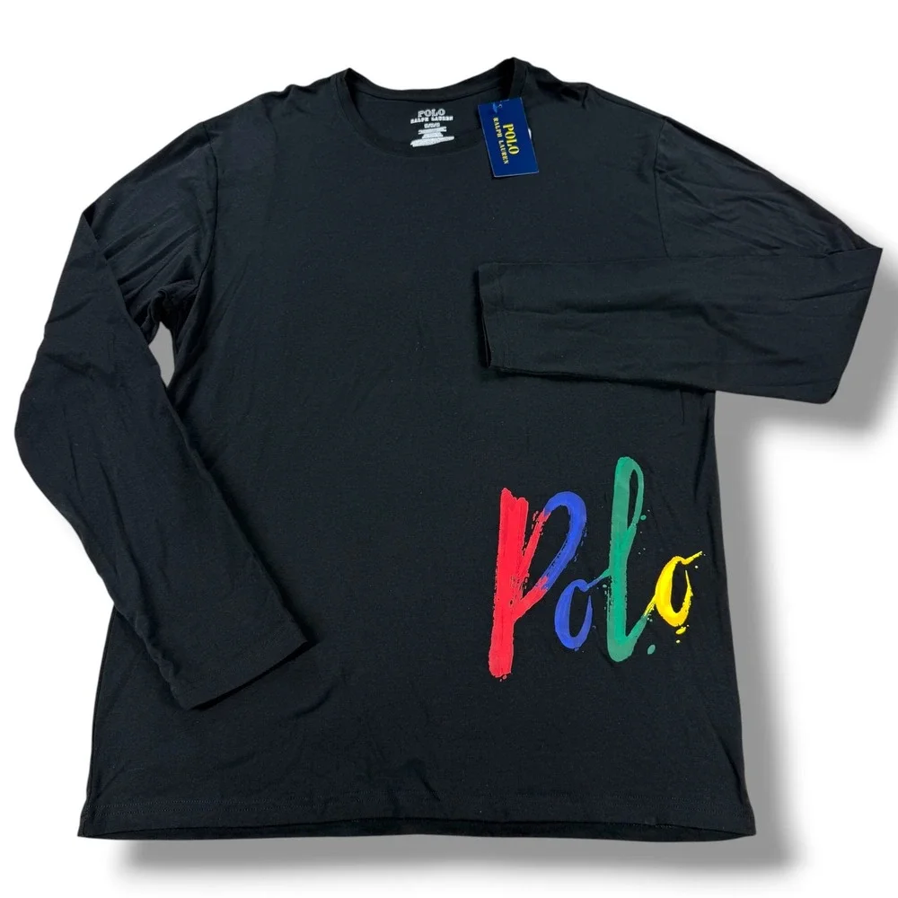 Polo Ralph Lauren Mens Black Long Sleeve Rainbow Script Logo Graphic T-Shirt M